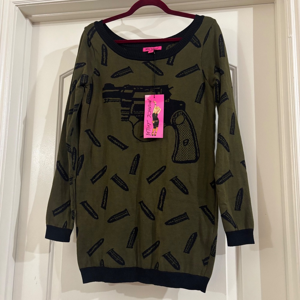 Betsey Johnson Rare Olive Green Revolver Bullet Knit Sweater Dress Tunic NWT L